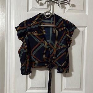 Blue and Gold Crop Blouse with Tie Front and Notched Collar
